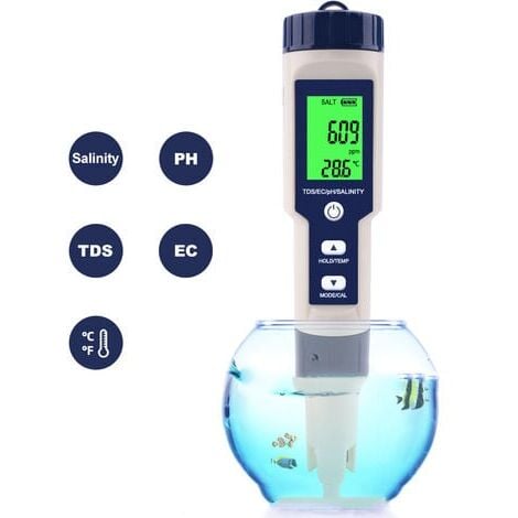 Testeur de salinité de piscine Compteur de pH et de salinité d'eau salée Numérique 5 en 1 Testeur de pH et de salinité de piscine Compteur de salinité pour piscine, bain à remous et spa de nage