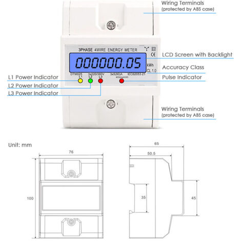 Compteur D'énergie électrique 3 Phases 4 Fils - Wattmètre Consommation AC, Montage Rail DIN, Neuf