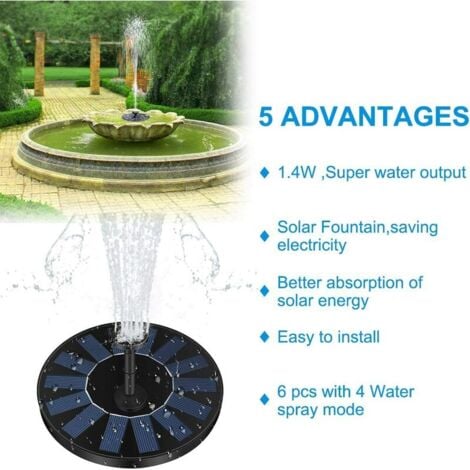 Fontaines pour bassins d'agrément Fontaine Solaire Pompe, 1.4W 150L/h Pompe à Eau Solaire(70CM Maximum) + 4 Buses, Mini Pompe Solaire pour Fontaines D'étang Jardin Décoratives