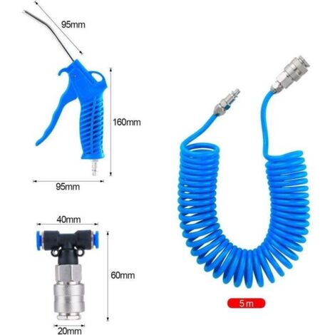 Soufflette Camion Soufflette Pneumatique avec Tuyau de Spirale de 5 mètres Kit de nettoyage de pistolet à air pour camion avec connecteur en T(2  6mm), Bleu