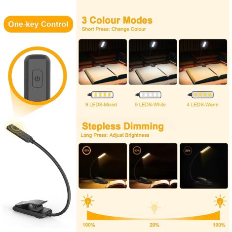 Lampe de lecture pince de livre, lampe de livre gritin avec 9 LED, 3 modes de température de couleur, lampe à pince à luminosité continue, lampe à pince rechargeable USB, flexible à 360 ° pour lire au