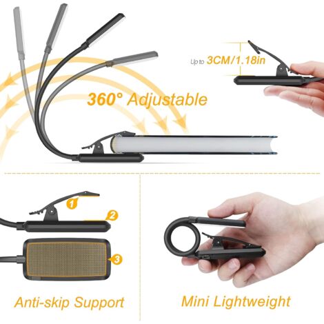 Lampe de lecture pince de livre, lampe de livre gritin avec 9 LED, 3 modes de température de couleur, lampe à pince à luminosité continue, lampe à pince rechargeable USB, flexible à 360 ° pour lire au