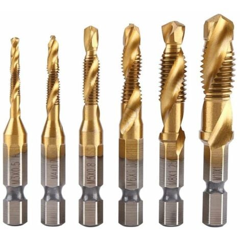 [JAMAIS UTILISÉ]Lot de 6 tarauds filetés, foret taraud, filetage métrique M3-M10 avec revêtement en titane HSS et embouts de taraudage 1/4" queue hexagonale cannelée pour tarauder différents fils.