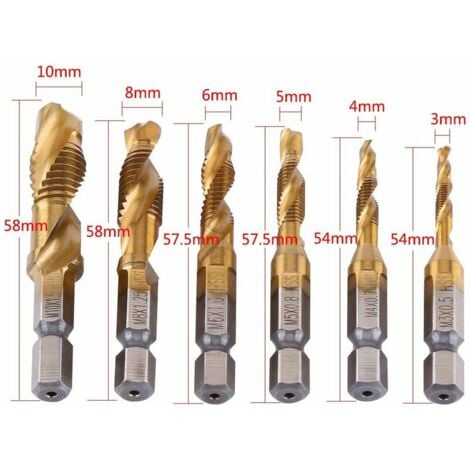 [JAMAIS UTILISÉ]Lot de 6 tarauds filetés, foret taraud, filetage métrique M3-M10 avec revêtement en titane HSS et embouts de taraudage 1/4" queue hexagonale cannelée pour tarauder différents fils.