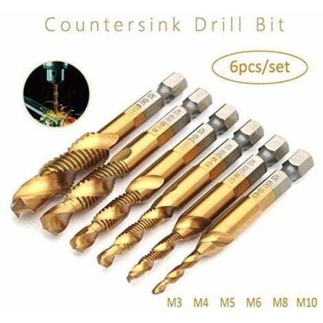 [JAMAIS UTILISÉ]Lot de 6 tarauds filetés, foret taraud, filetage métrique M3-M10 avec revêtement en titane HSS et embouts de taraudage 1/4" queue hexagonale cannelée pour tarauder différents fils.