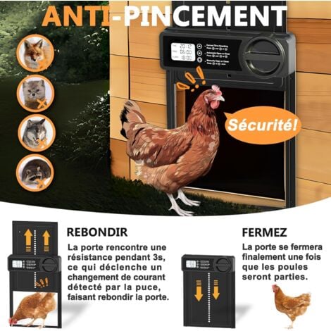 ODIPIE Porte Automatique Poulailler avec Minuterie du Soir/Matin, Porte Poulailler Automatique  Anti-pincement  Alliage d'aluminium  Écran LCD Étanche