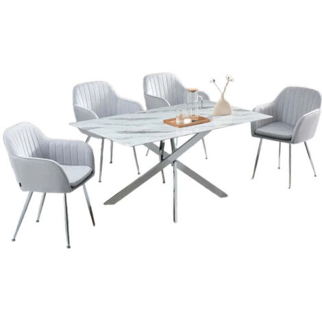 Table Repas JESSICA XXL Chrome et plateau en verre MARBRE BLANC 180 cm 6 à 8 couverts