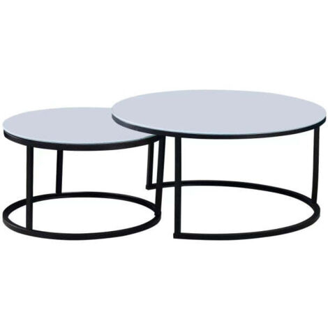 Lot 2 Tables Basses Gigognes ARTO Rondes Plateau Verre Trempé Blanc Métal Noir D80/D60