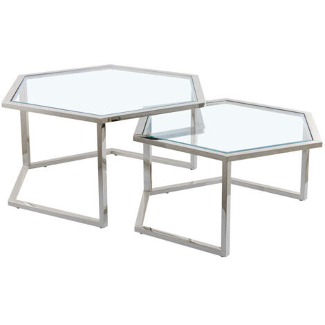Lot 2 Tables Basses Gigognes HEXAGONA Métal Chrome Plateau Verre Trempé Transparent 60x52x42 / 50x45x38cm