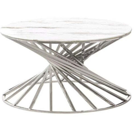 Table Basse NAUTILUS Ronde Plateau Verre Trempé Marbré Blanc Pieds Chrome D80x45cm (1/5)