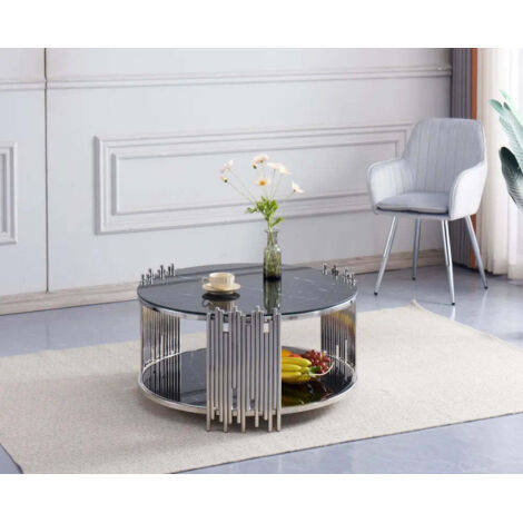Table Basse Ronde Moderne En Verre Trempé Ou Ardoise - Plateau 80 Cm, Pieds En Fer, Capacité 90 Kg, Pour Salon Ou Bureau, Blanc Ou Gris