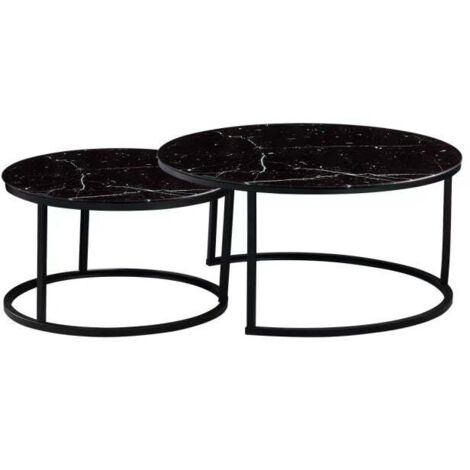 Lot 2 Tables Basses Gigognes ARTO Rondes Plateau Verre Trempé Marbré Noir Métal Noir D80/D60