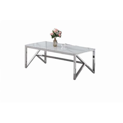 Table Basse MAJESTIQUE Rectangle Plateau Verre Trempé Marbré Blanc Pieds Chrome 120x60x45cm (1/5)