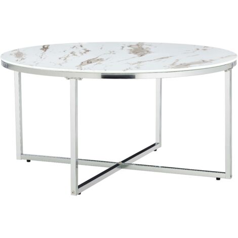 Table Basse LORIE Ronde Plateau Verre Trempé Marbré Blanc Structure Métal Chrome D90x45cm (1/5)