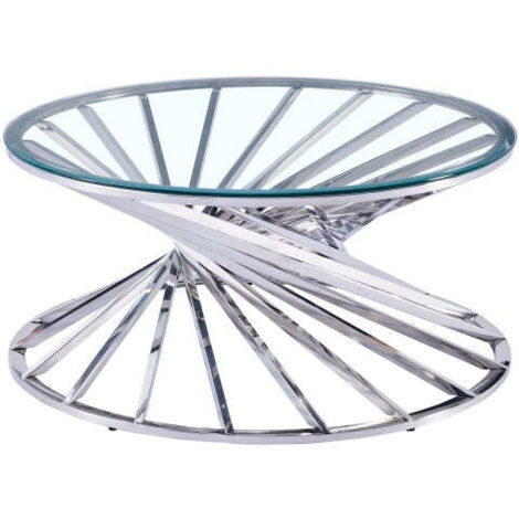 Table Basse NAUTILUS Ronde Plateau Verre Trempé Transparent Pieds Chrome D80x45cm (1/4)