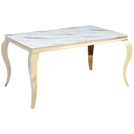 Table à manger BAROQUE 6 à 8 couverts 180x90 cm pieds gold plateau en verre effet marbré blanc