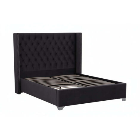 Lit double 180x200 cm velours noir tête capitonnée sommier inclus PRINCESSE (1/4)