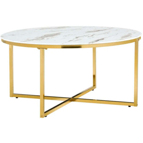 Table Basse LORIE Ronde Plateau Verre Trempé Marbré Blanc Structure Métal Gold D90x45cm (1/5)