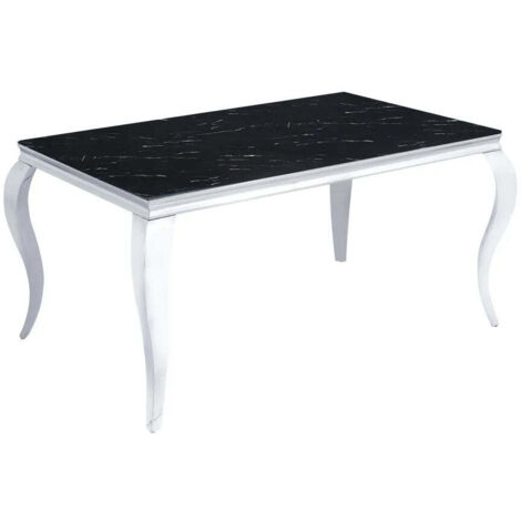 Table à manger BAROQUE 6 à 8 couverts pieds chrome plateau en verre 180x90 cm effet marbré noir