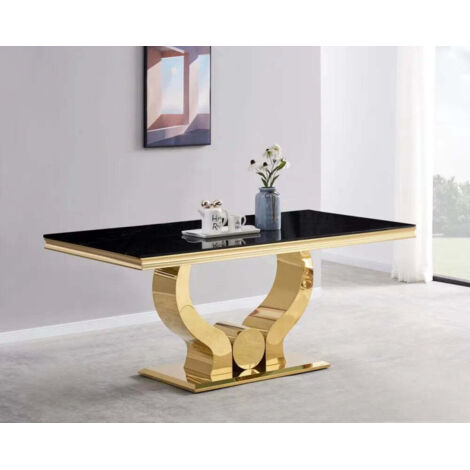 Homy France – Table à manger 4 à 6 personnes – Verre trempé marbré noir 150x90x75 cm – Pied central en acier doré – Design moderne haut de gamme
