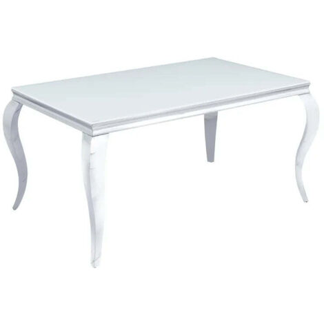 Table à manger BAROQUE 4 à 6 couverts pieds chrome plateau en verre 150x90 cm blanc
