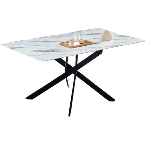 Homy France – Table de salle à manger rectangulaire 150x90cm – Verre trempé effet marbré blanc – Pour 4 à 6 personnes – Hauteur 75cm (1/3)