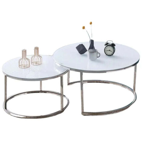 Lot de 2 tables Basses Gigogne ARTO inox et plateau en verre BLANC