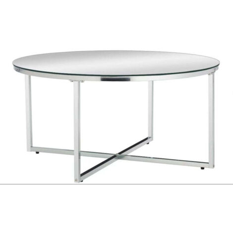 Table Basse LORIE Ronde Plateau Verre Trempé Miroir Structure Métal Chrome D90x45cm (1/5)