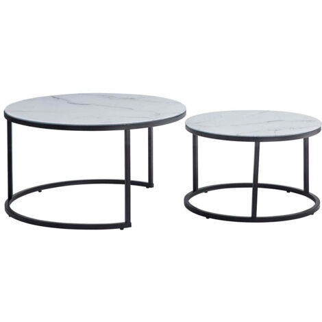Lot 2 Tables Basses Gigognes ARTO Rondes Plateau Verre Trempé Marbré Blanc Métal Noir D80/D60