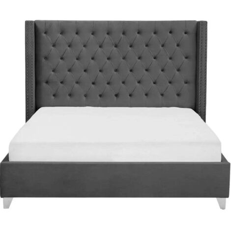 Lit double 180x200 cm velours gris tête capitonnée sommier inclus PRINCESSE (1/2)