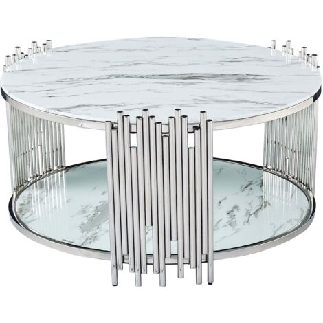 Table Basse ronde STICK Chrome et plateau en verre MARBRE BLANC D90 H45 cm