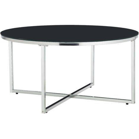 Table Basse LORIE Ronde Plateau Verre Trempé Marbré Noir Structure Métal Chrome D90x45cm (1/5)