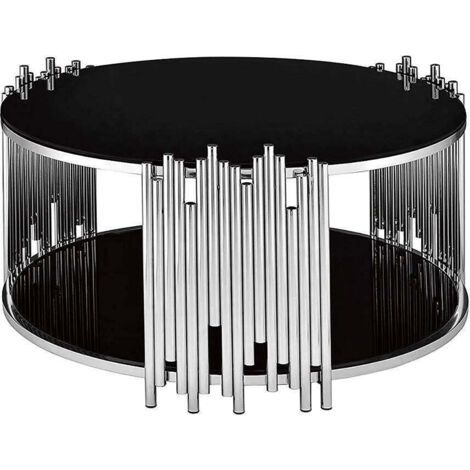 Table Basse ronde STICK Chrome et plateau en verre NOIR D90 H45 cm