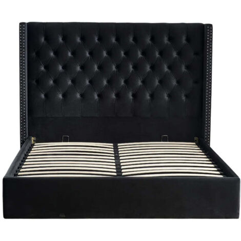 Lit Coffre 2 Places 180x200 cm Chesterfield Velours Noir Clouté Sommier Inclus (1/5)