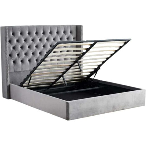 Lit COFFRE 2 places 160X200 cm CLOUTE velours GRIS (1/4)