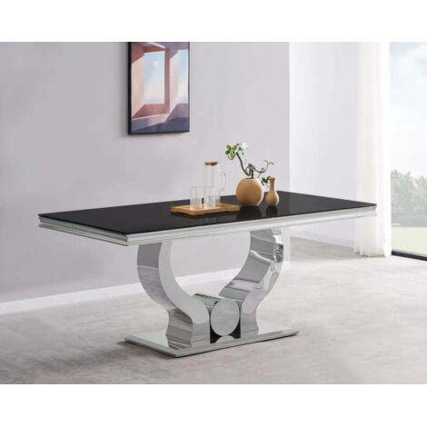 Homy France – Table à manger blanche 4 à 6 personnes – Verre trempé 150x90x75 cm – Pied central en acier inoxydable – Design moderne