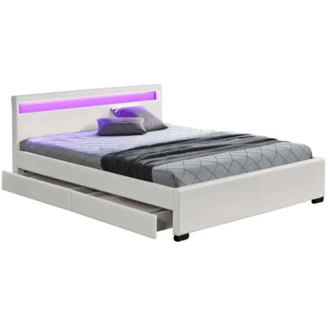 Lit adulte 2 places 140x190 cm blanc avec tiroirs LED sommier inclus (1/5)