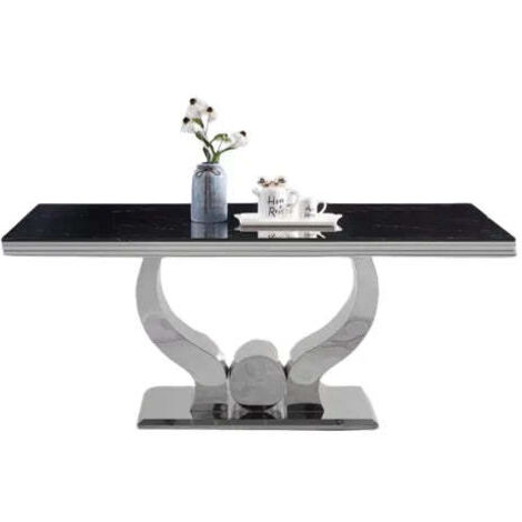Homy France – Table de salle à manger 4 à 6 personnes – Verre trempé effet marbre noir 150x90x75cm – Pied central en acier inoxydable doré (1/5)