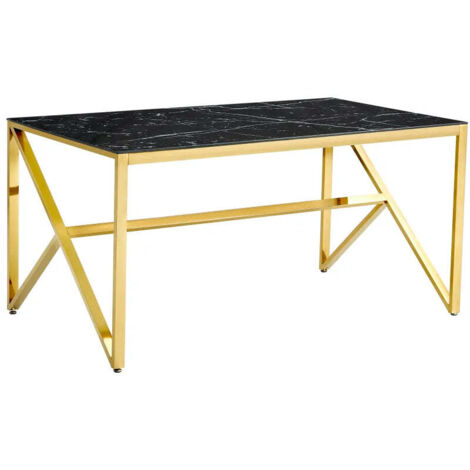 Table à Manger Gold Verre Trempé Marbré Noir – 150×90 cm – MAJESTIQUE (1/5)