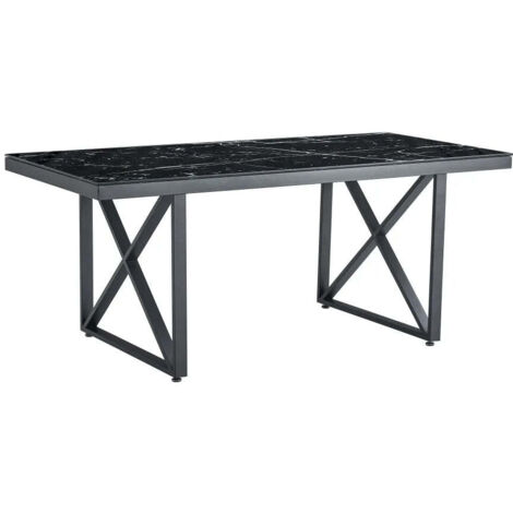 Table à Manger Verre Trempé Marbré Noir & Métal Noir – 180×90 cm (1/5)