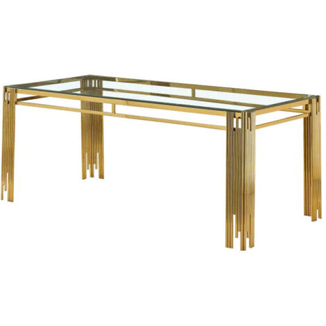 Homy France – Table de salle à manger 6 à 8 couverts – Plateau en verre trempé 180x90 cm – Piètement en acier inoxydable doré – Design épuré (1/5)