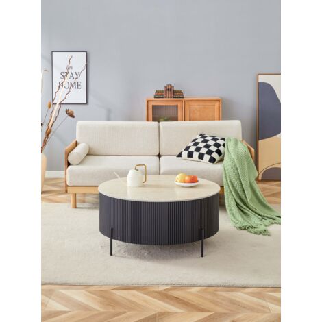 Table Basse RUBY Ronde Plateau Céramique Effet Travertin Noir Pied Métal Noir D90xH45 cm (1/5)
