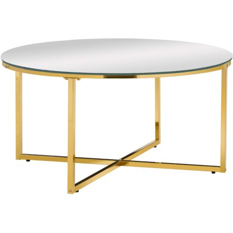 Table Basse LORIE Ronde Plateau Verre Trempé Miroir Structure Métal Gold D90x45cm (1/5)