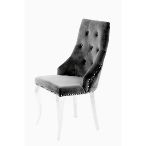 Lot de 4 Chaises LION Capitonnées et Cloutées Chrome Velours - Anthracite (1/2)