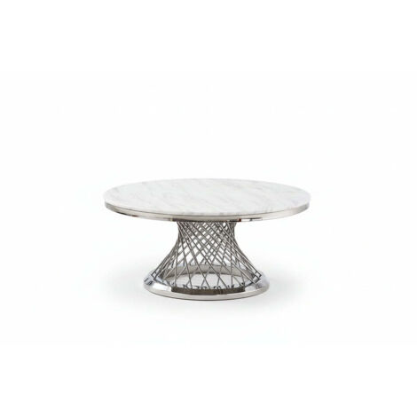 Table Basse DELUXE Ronde Plateau Verre Trempé Marbré Blanc Structure Chrome D100x45cm (1/5)
