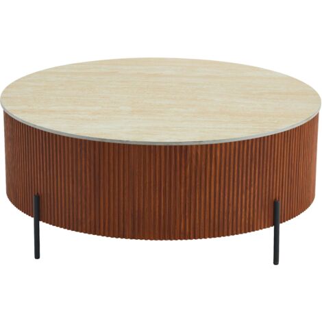 Table Basse RUBY Ronde Plateau Céramique Effet Travertin Noisette Pied Métal Noir D100xH45 cm (1/5)
