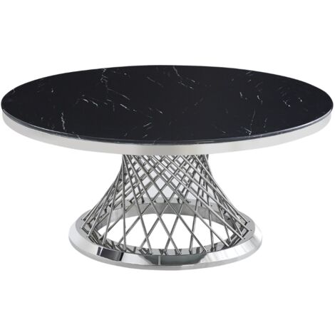 Table Basse DELUXE Ronde Plateau Verre Trempé Marbré Noir Structure Chrome D100x45cm (1/4)
