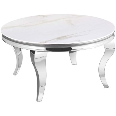 Table Basse BAROQUE Ronde Plateau Verre Trempé Marbré Blanc Structure Chrome D80x45cm (1/5)