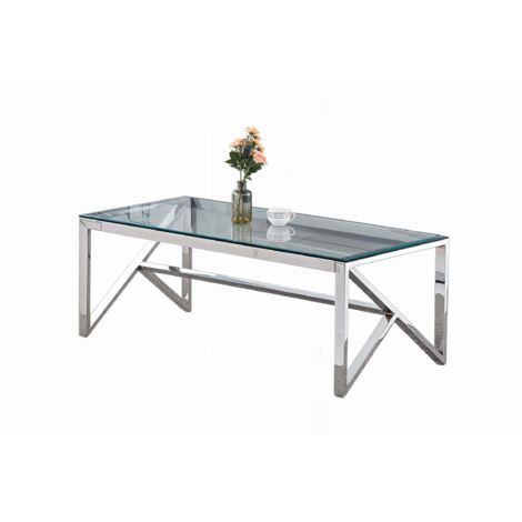 Table Basse MAJESTIQUE Rectangle Plateau Verre Trempé Transparent Pieds Chrome 120x60x45cm (1/5)