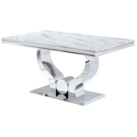 Table à manger verre marbré blanc pied métal chrome 150x90 cm TROFY